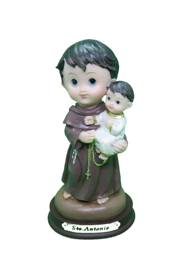 Estatueta de São António segurando uma criança com base redonda e inscrição.
