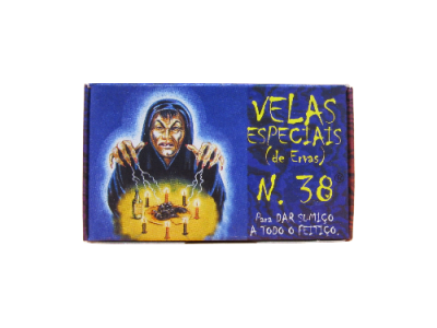 Caixa azul de velas especiais com texto e figura misteriosa