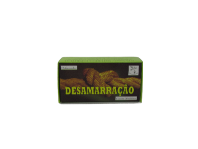 Embalagem de produto verde com imagem de corda e texto 'DESAMARRAÇÃO'