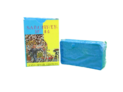 Sabonete Nº 14 embalagem azul e amarela com barra de sabonete azul