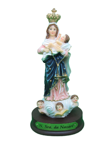 Estátua colorida da Nossa Senhora da Nazaré com Menino Jesus e anjos na base