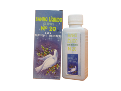 Frasco branco de Banho Líquido Nº 20 e caixa azul com pomba branca e ramos