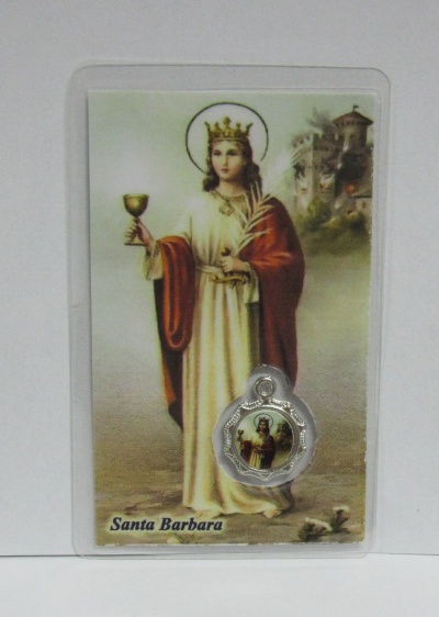 Estampa religiosa de Santa Bárbara com medalha prateada pendurada