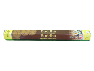 Incenso Buddha em embalagem castanha e verde com texto