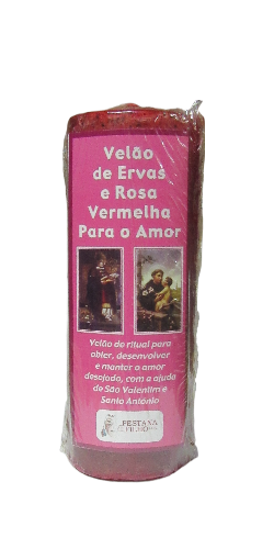 Vela rosa embalada com etiqueta rosa com texto e imagens religiosas