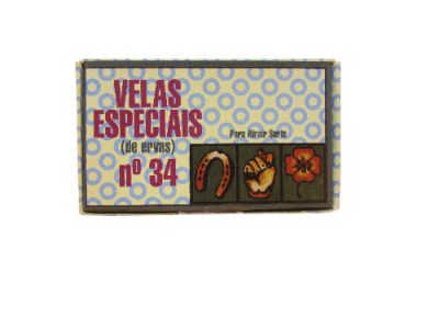 Caixa de velas especiais de ervas n.º 34 com imagens decorativas na frente.