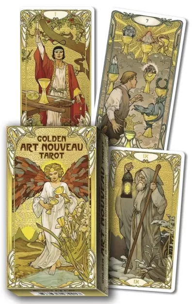 Cartas de tarot Golden Art Nouveau com desenhos dourados e amarelos, figuras humanas e elementos naturais em caixa decorada.