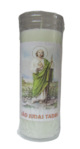 Vela branca com etiqueta ilustrada de São Judas Tadeu