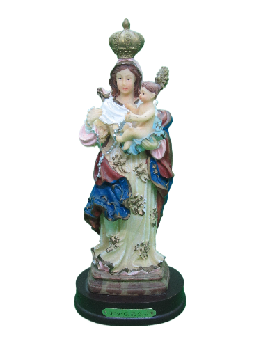 Estátua religiosa Nossa Senhora com Menino Jesus colorida em resina com base preta