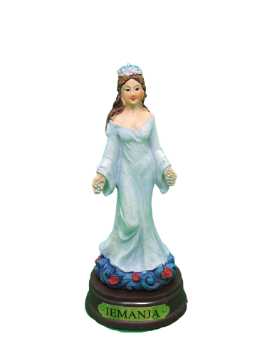 Estatueta de Iemanjá com vestido azul claro e base decorada