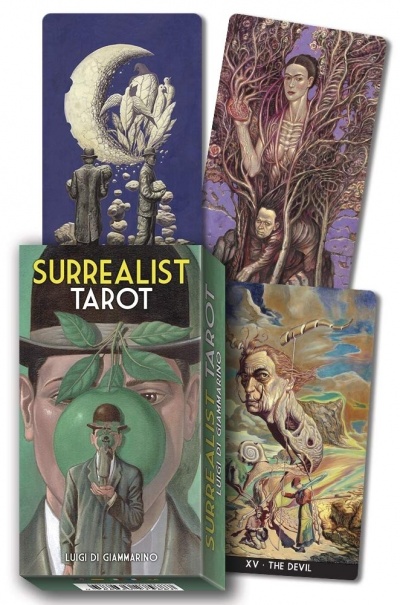 Conjunto de cartas surrealistas de tarot com arte detalhada e caixa verde