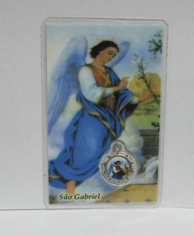 Cartão com imagem de São Gabriel e medalha metálica