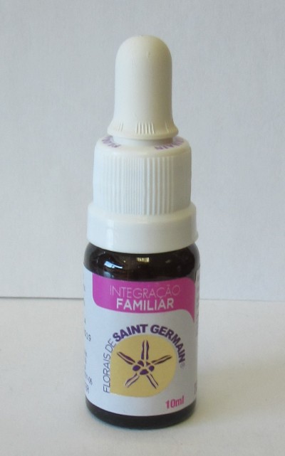 Frasco castanho com conta-gotas branco 'Integração Familiar'