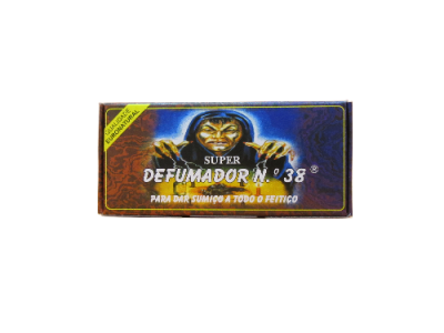 Caixa azul de SUPER DEFUMADOR Nº 38 com figura encapuzada e texto em amarelo e branco.