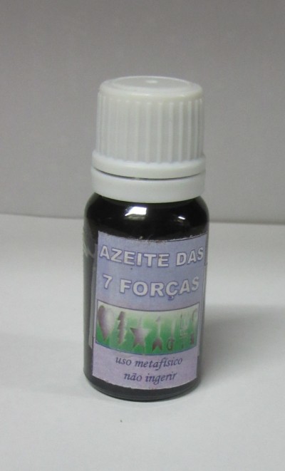Frasco pequeno de azeite das 7 forças com tampa branca e etiqueta lilás.