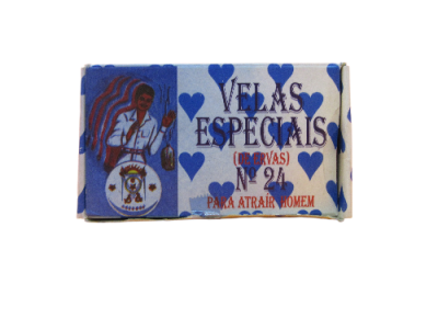 Caixa de Velas Especiais de ervas número 24 com padrão de corações e figura masculina.