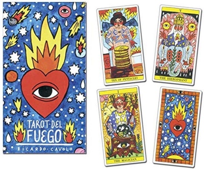 Baralho de tarot TAROT DEL FUEGO com caixa azul e cartas coloridas ilustradas