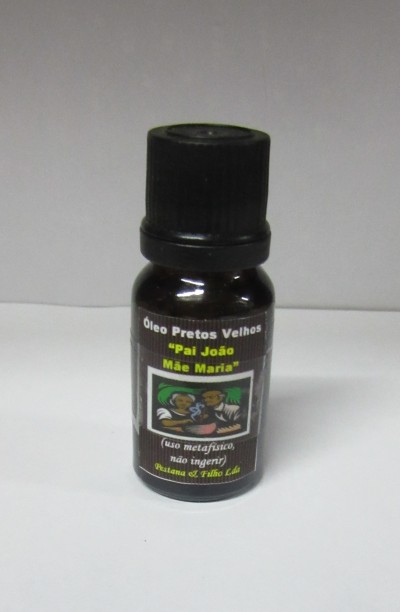 Frasco pequeno de óleo com rótulo 'Pai João Mãe Maria' e tampa preta