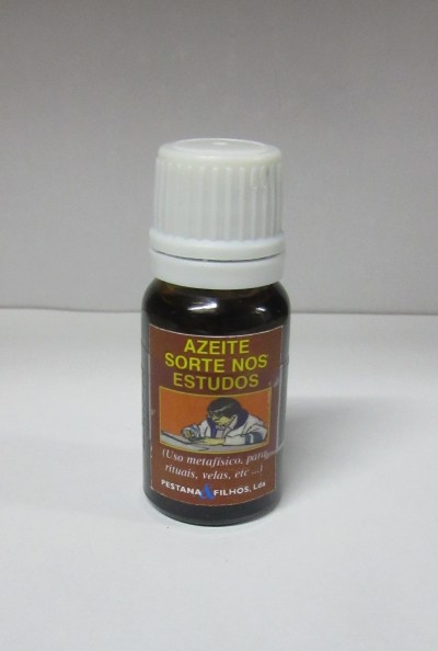 Frasco de azeite para sorte nos estudos com etiqueta laranja e texto em português.