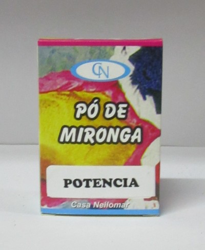 Embalagem colorida de Pó de Mironga com texto POTENCIA e logotipo CN