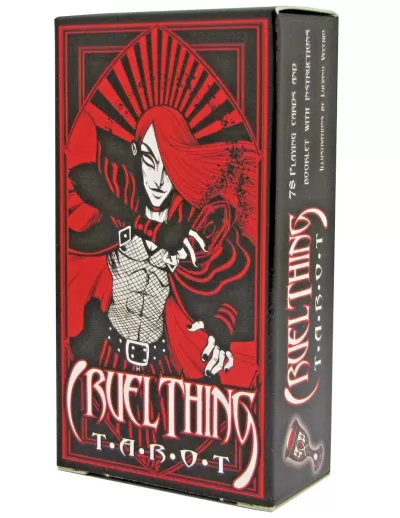 Caixa de baralho CRUEL THINGS T.A.B.O.T com ilustração vermelho e preto.