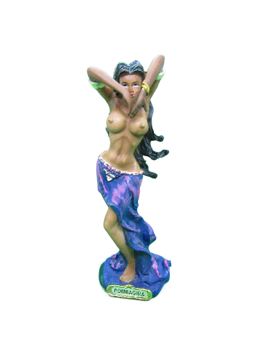 Estátua feminina com saia roxa e braços levantados com base rotulada