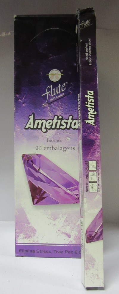 caixa e embalagem de incenso ametista cor roxa com imagem de pedra ametista