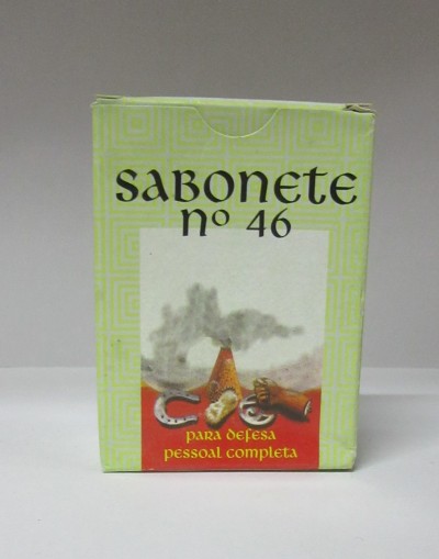 Caixa verde de sabonete nº 46 com texto e ilustração colorida