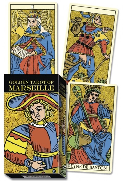 Baralho de tarot Golden Tarot of Marseille com cartas coloridas e figuras medievais