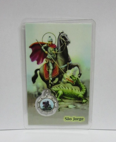 Cartão religioso de São Jorge com medalha prateada embutida