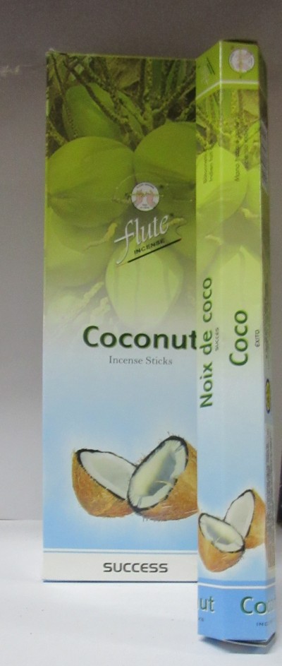 Embalagem de palitos de incenso aroma coco com imagem de cocos e texto em inglês, francês e espanhol.