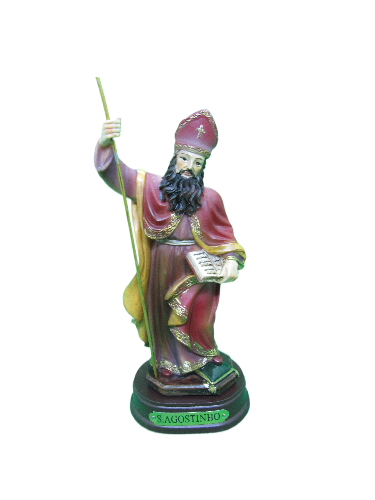 Estátua pintada de S. Agostinho com cajado e livro sobre base