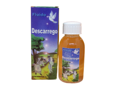 Frasco pequeno com líquido âmbar e caixa azul do produto 'Fluido Descarrego' com ilustrações e texto.