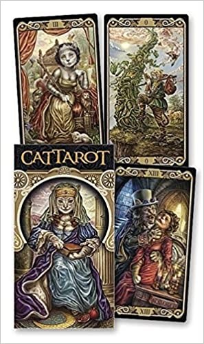 Quatro cartas de tarô com ilustrações detalhadas e embalagem com texto CATTAROT