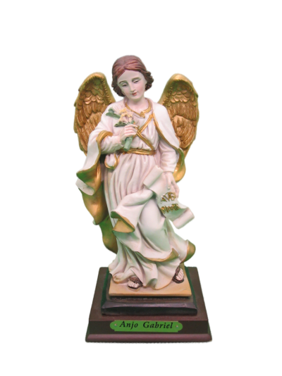 Estátua decorativa do Anjo Gabriel com asas douradas e vestido branco