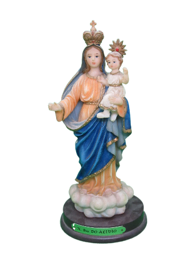 Estátua colorida da Nossa Senhora do Ó com Menino Jesus em base preta.