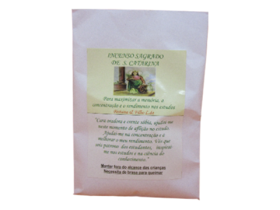 Pacote de incenso com etiqueta e texto em português