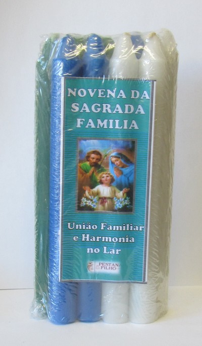 Pack de seis velas de cores azul, verde e branco com etiqueta religiosa