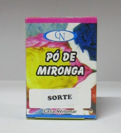 Caixa colorida de Pó de Mironga, com texto visível, imagens coloridas ao fundo.