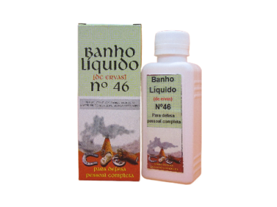 Frasco branco com tampa e caixa verde e laranja de Banho Líquido de Ervas Nº 46