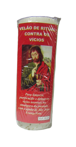 Vela ritual branca com etiqueta vermelha e imagem de São João Evangelista