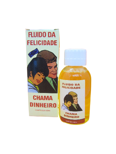 Frasco e caixa de fluido com design retro e texto 'FLUIDO DA FELICIDADE CHAMA DINHEIRO'