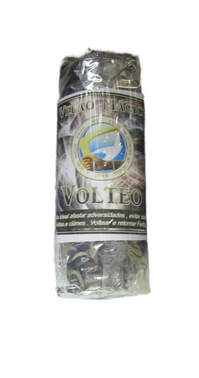 Vela mágica Volteo embalada em plástico com rótulo preto e cinza