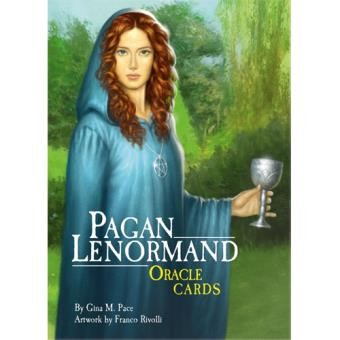 Capa do baralho Pagan Lenormand Oracle Cards com mulher de capa azul segurando cálice