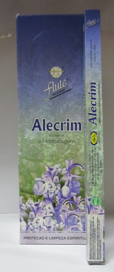 Embalagem de incenso Flute Alecrim em tons de azul e verde com flores lilases e texto protecao e limpeza espiritual