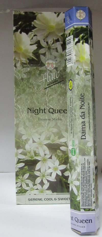 Embalagem e caixa de incenso Night Queen com flores brancas e texto em inglês e português.