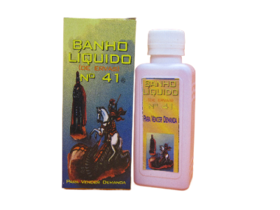 Frasco branco de banho líquido com embalagem amarela e ilustração de cavaleiro em combate com dragão