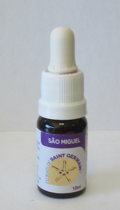 Frasco de vidro escuro com conta-gotas branco e rótulo com texto SÃO MIGUEL FLORAIS DE SAINT GERMAIN