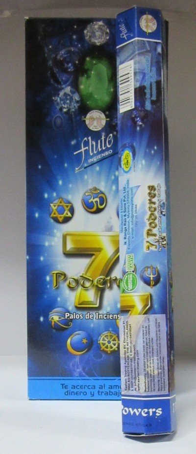 Caixa azul de incenso 7 Poderes com símbolos espirituais e texto em espanhol