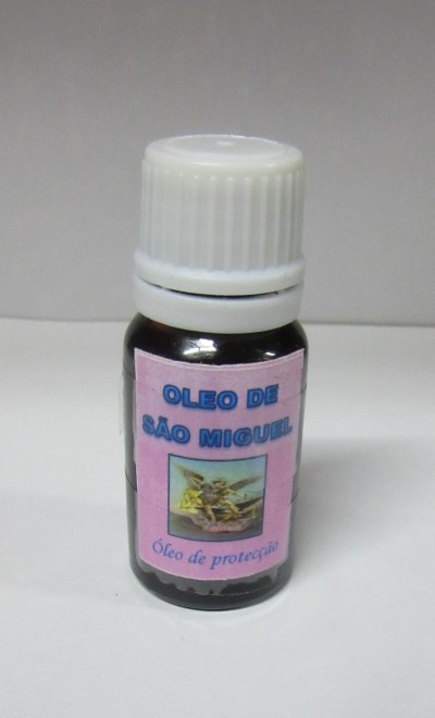 Frasco pequeno com óleo de São Miguel, rótulo rosa, tampa branca.